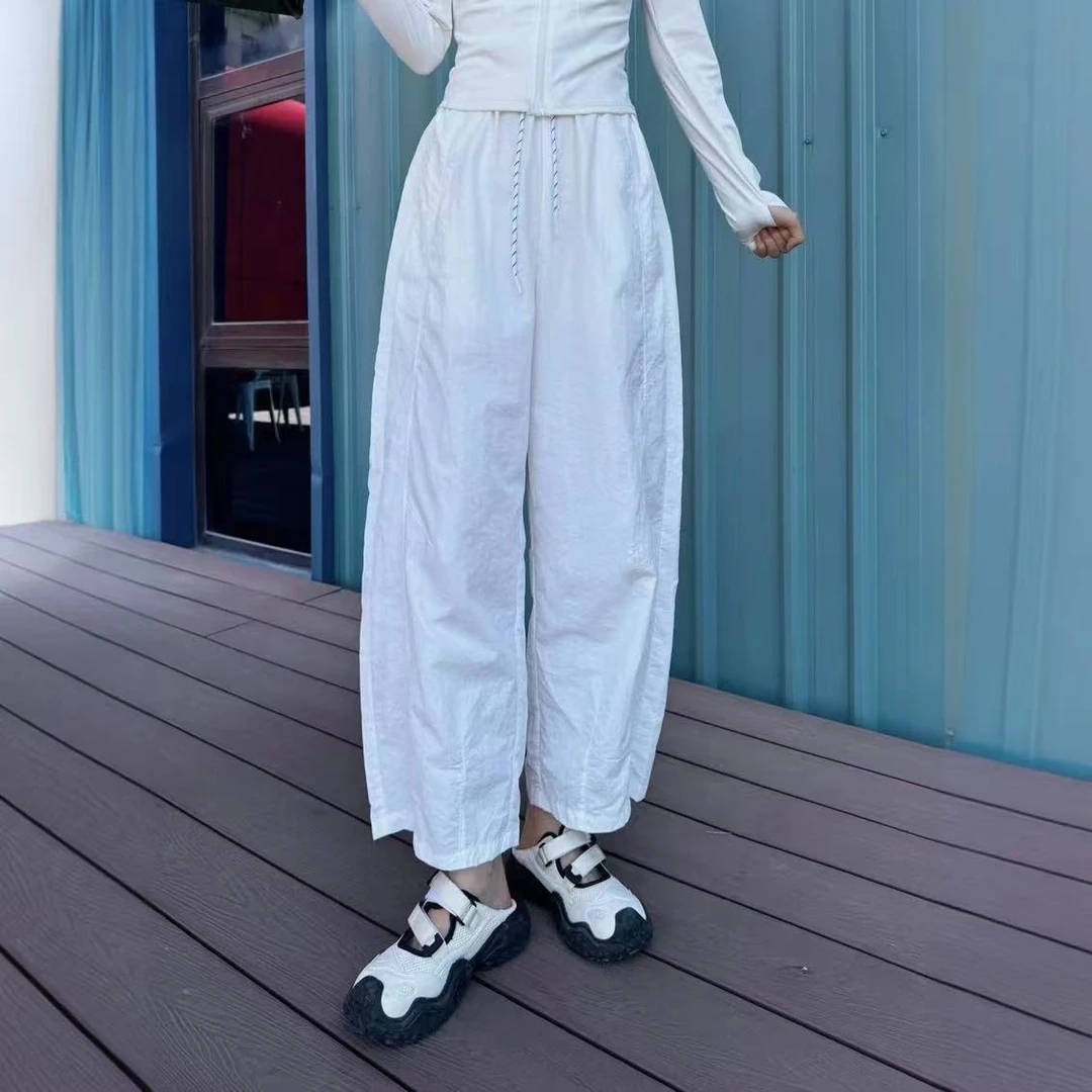 2025春夏新款高腰抽绳百搭显瘦阔腿设计感宽松休闲女裤运动时尚