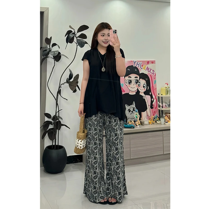 大码发生赫本风短袖上衣百搭长裤两件套