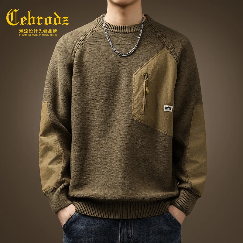 法国Cebrodz复古拼色口袋针织毛衣男秋冬季潮牌加厚宽松针织衫潮
