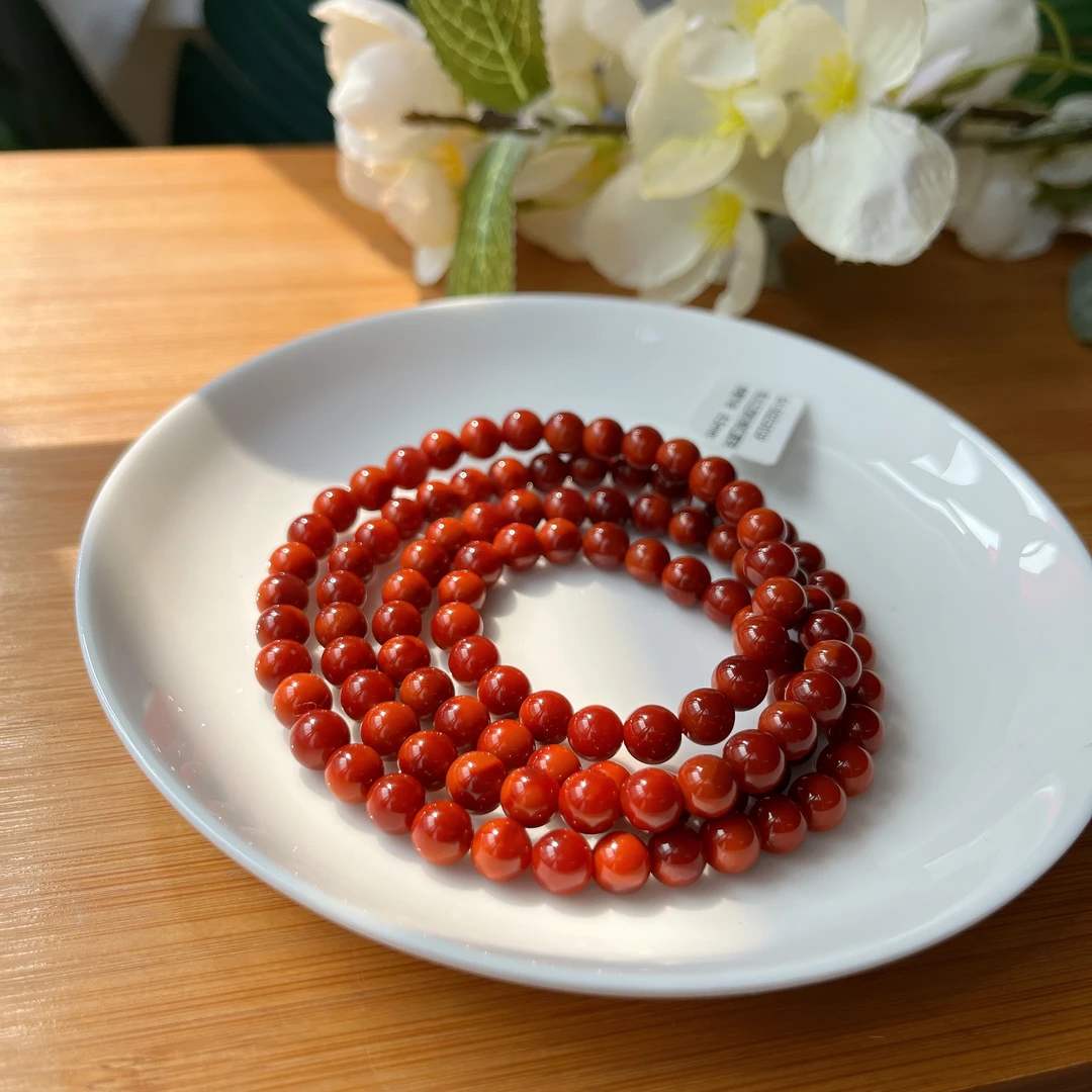 【郭老师】约6.5mm44g瓦西料牛血红南红圆珠多圈手串