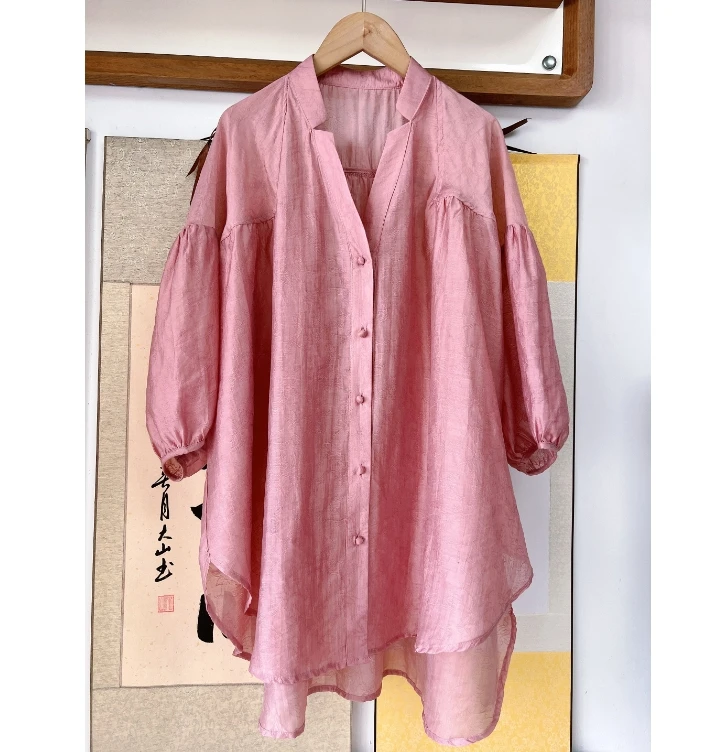 新中式提花立领夏季薄款中长款中袖文艺风V领前短后长衬衫女