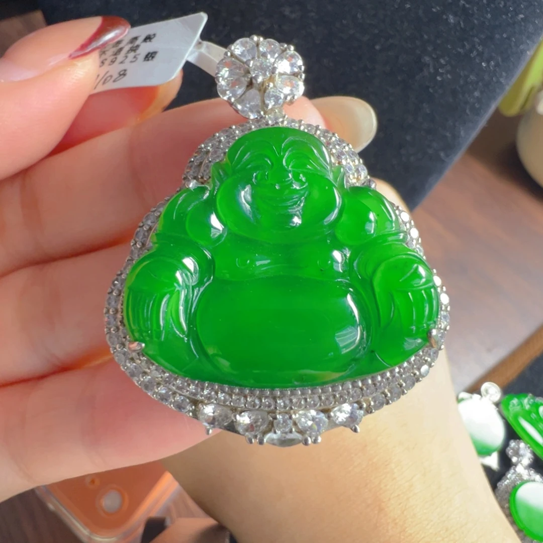 火***丽翡翠银S925镶嵌颈饰佛公