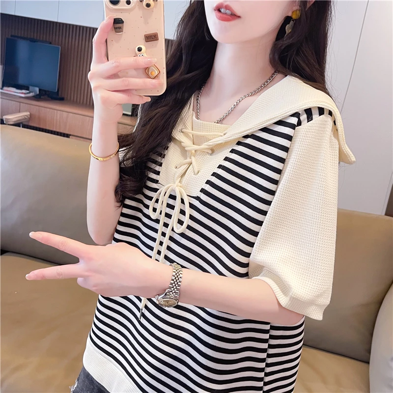 小个子夏季新款小众条纹短袖女装T恤2025时尚百搭上衣打底衫潮ins