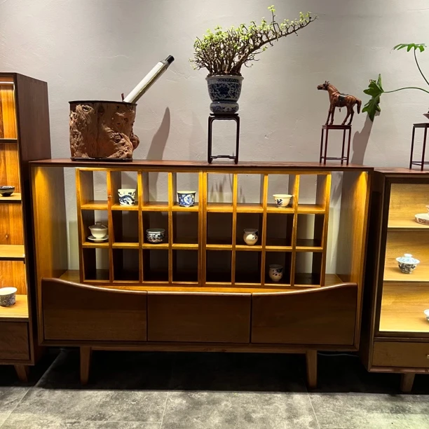 100*140茶室设计老株木多宝格茶具收纳展示实木矮柜茶杯茶具柜子