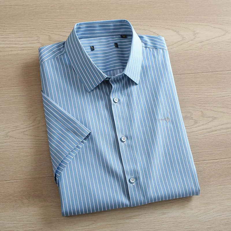 H系撤柜高端桑短袖衬衫男款夏季薄款透气无痕免烫蓝色竖条纹衬衣