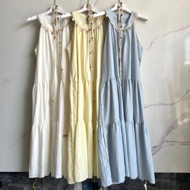 春夏不缩水夏季圆领纯色挂脖式A型裙常规不褪色无袖吊带连衣裙女