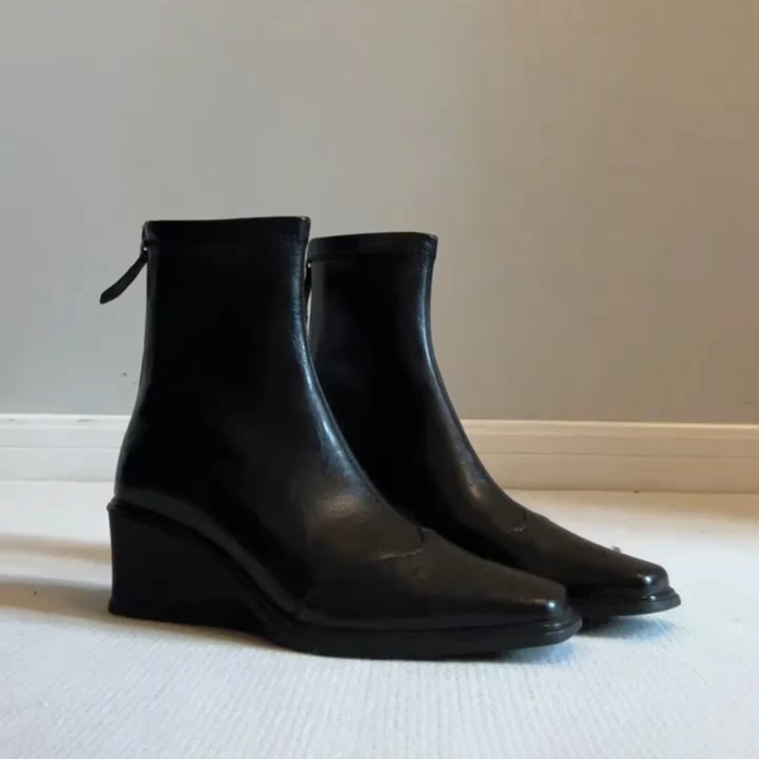 羊皮版~新款后拉链高跟短靴通勤单靴厚底坡跟靴子方头弹力瘦瘦靴