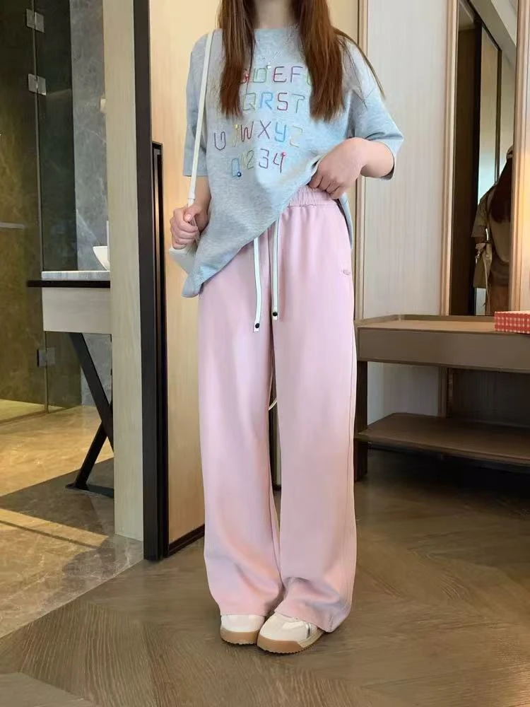 欧洲站2025秋冬新款时尚百搭松紧腰抽绳刺绣宽松休闲直筒阔腿裤女