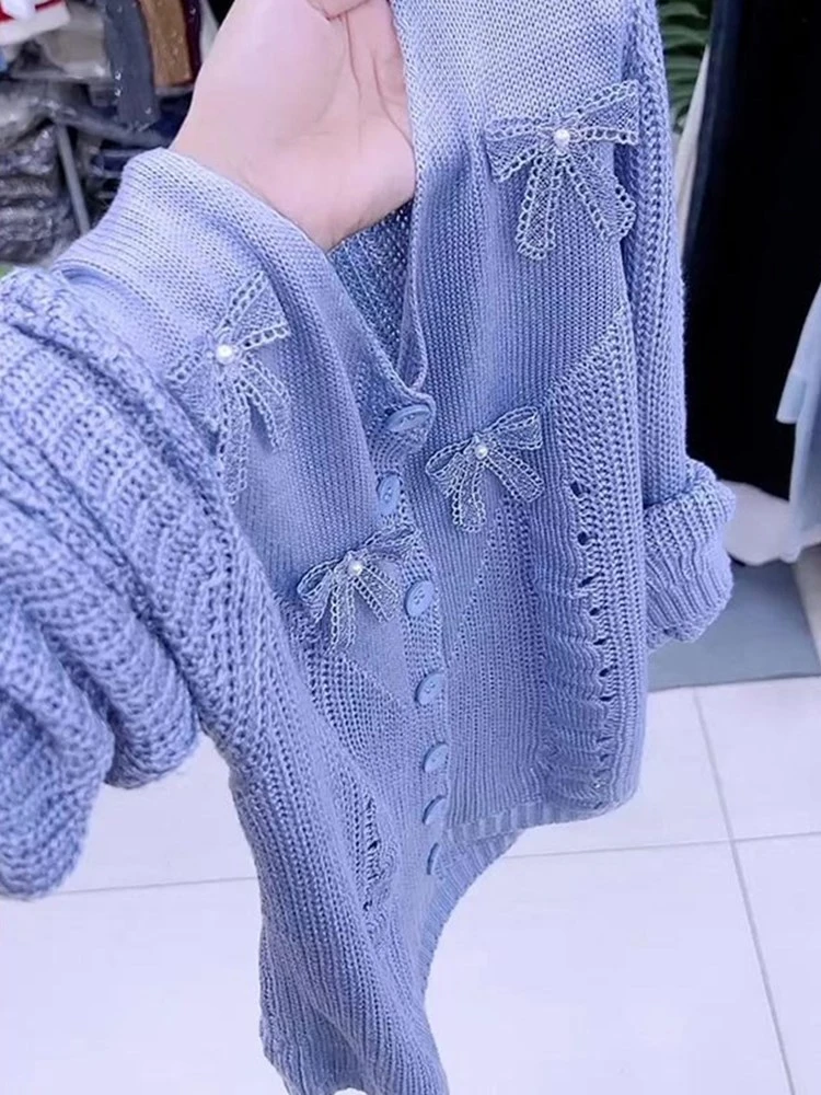 法式复古镂空蝴蝶结v领长袖纯色紫罗兰上衣女2025早秋针织开衫