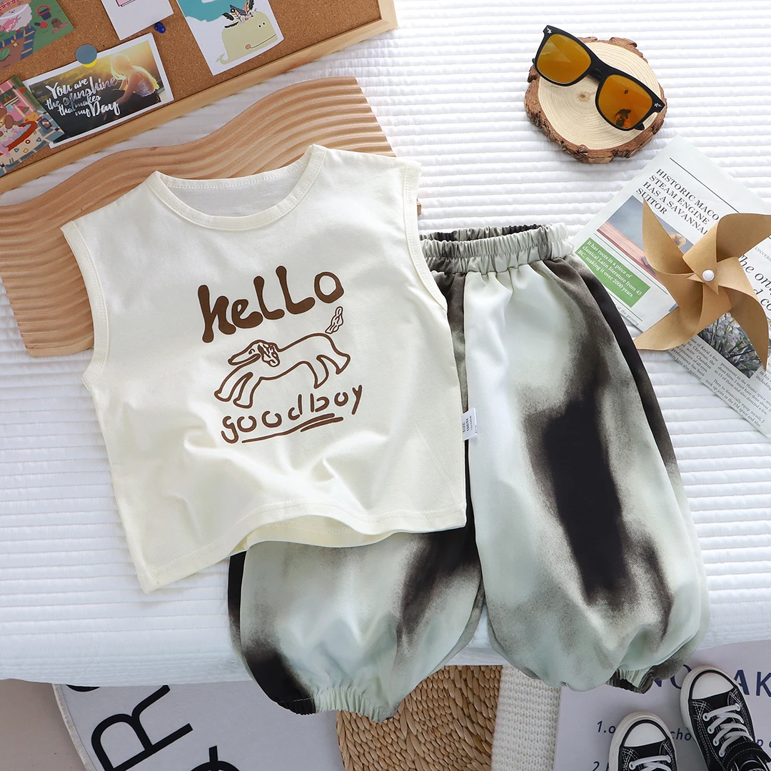 儿童夏季纯棉无袖T冰丝凉凉裤灯笼裤套装男女童洋气