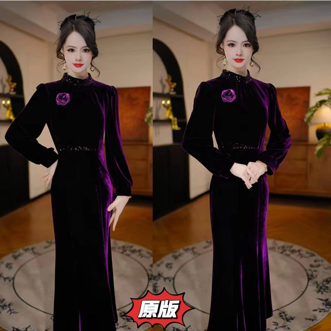 【紫气年花】2025秋冬新款收腰显瘦洋气减龄轻奢女人味打底连衣裙