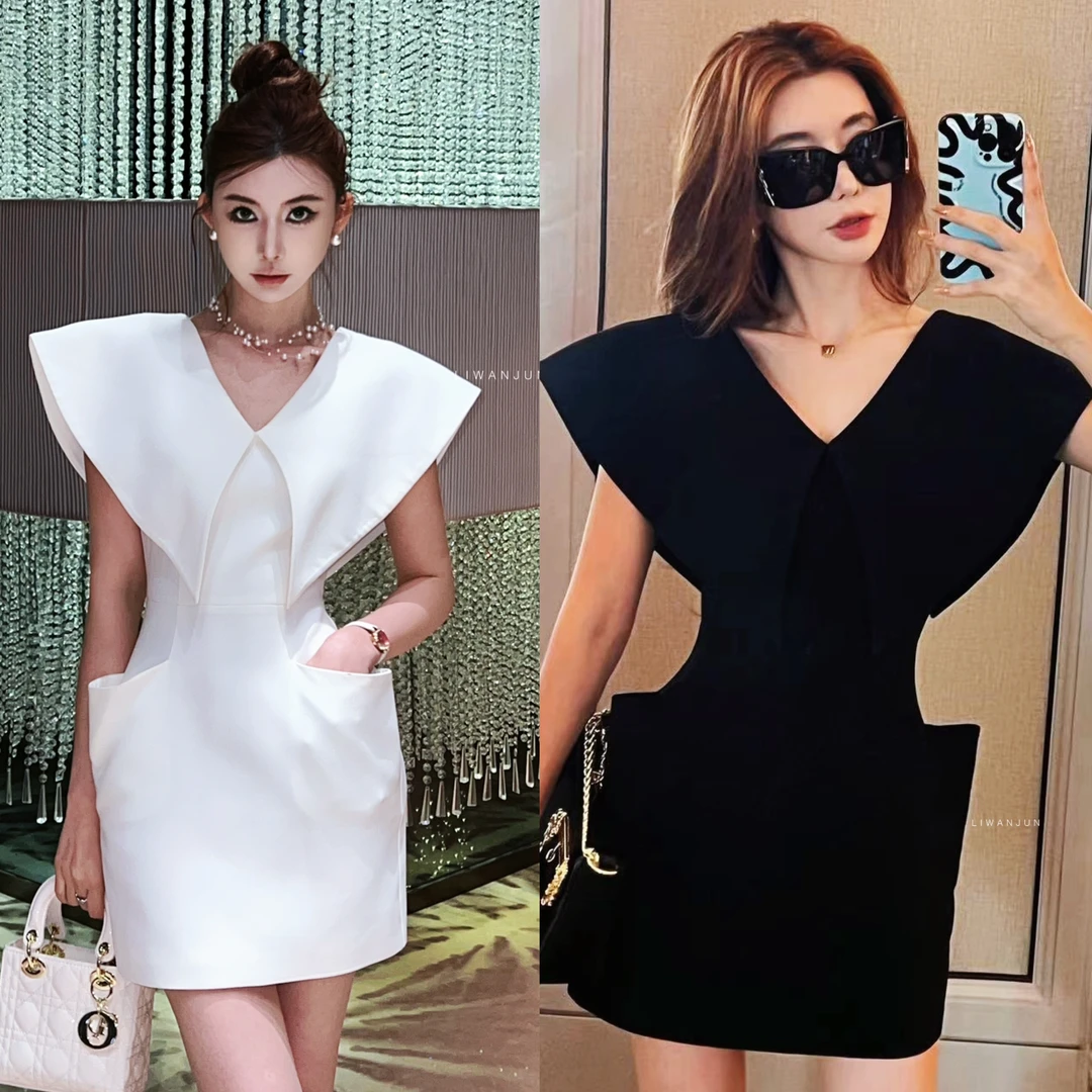 婉君【摩登女郎】法式复古小飞袖V领气质高级感连衣裙LWJ23A1Q483