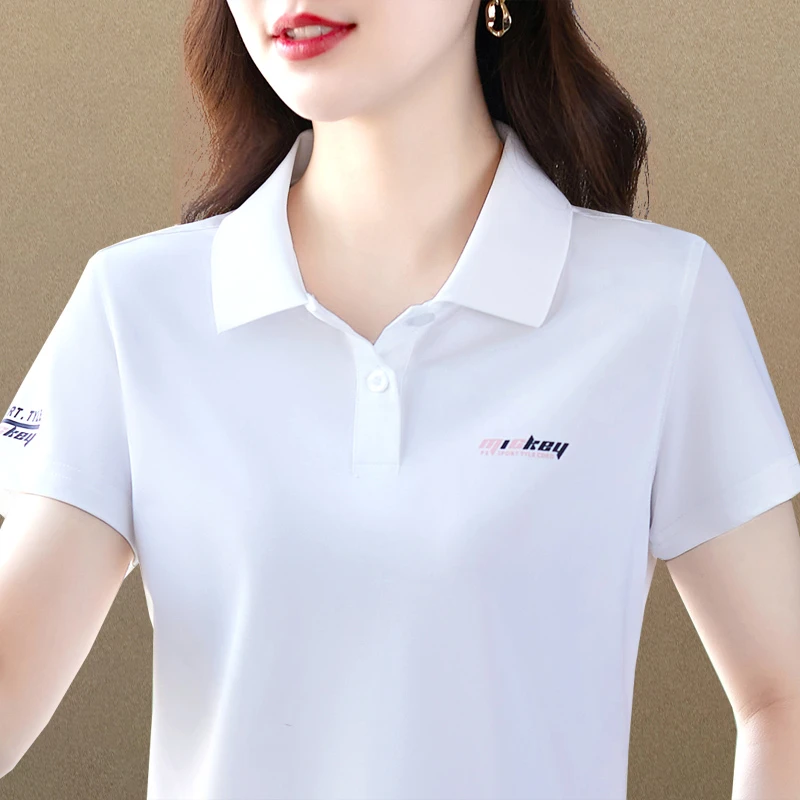 冰丝翻领休闲短袖t恤女夏季2025新款印花polo衫中年妈妈显瘦上衣
