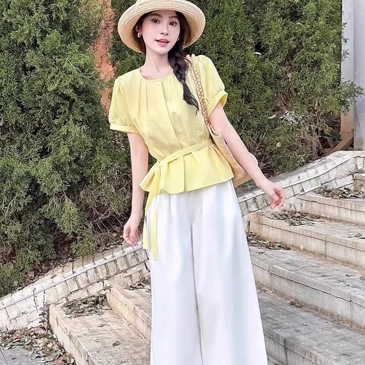 拉夏贝尔法式圆领系带衬衫阔腿裤套装女2025夏新款洋气减龄两件套