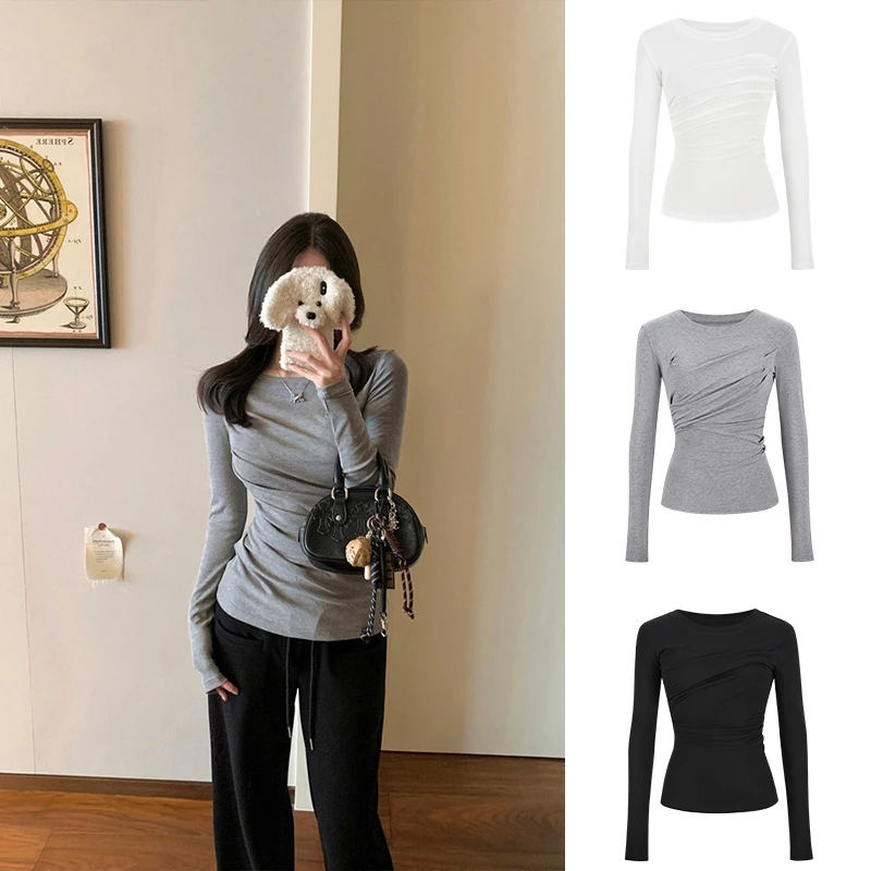 Moses Queen/魔西女王圆领褶皱收腰T恤女显瘦时尚打底衫正肩上衣