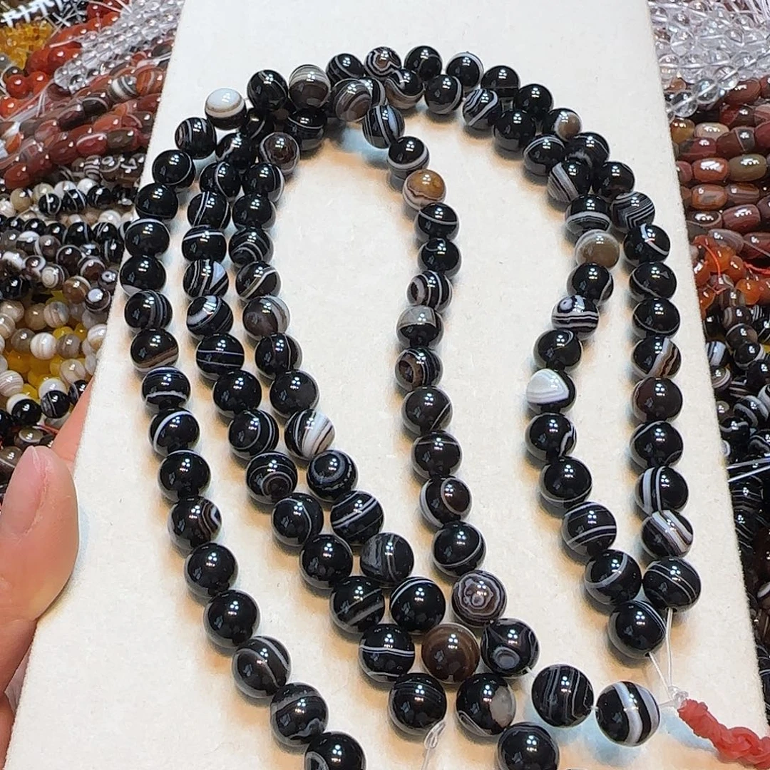 玛瑙/玉髓合金珠宝半成品10mm黑玛板眼线条一条