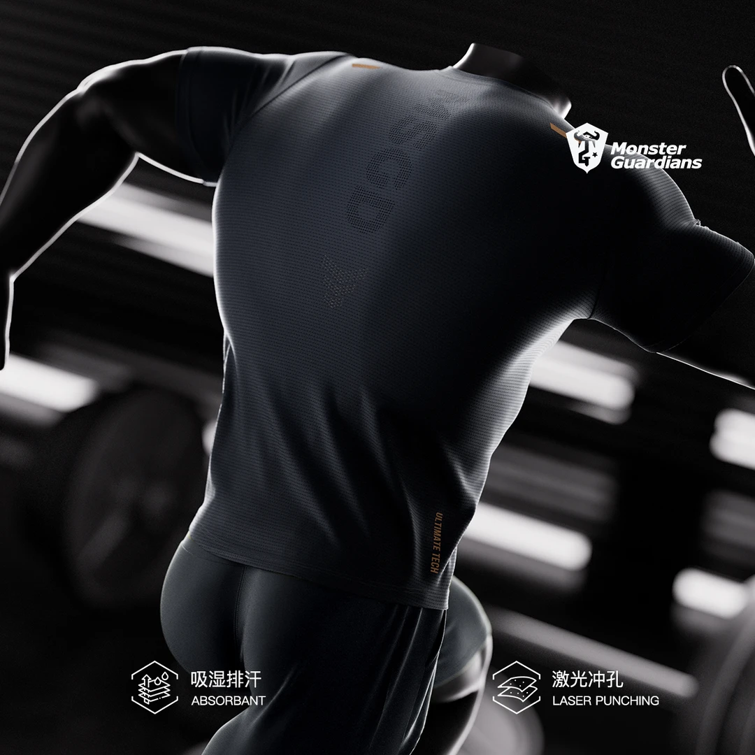 MonsterGuardians男子夏季镭射冲孔吸湿排汗训练运动健身短袖T恤