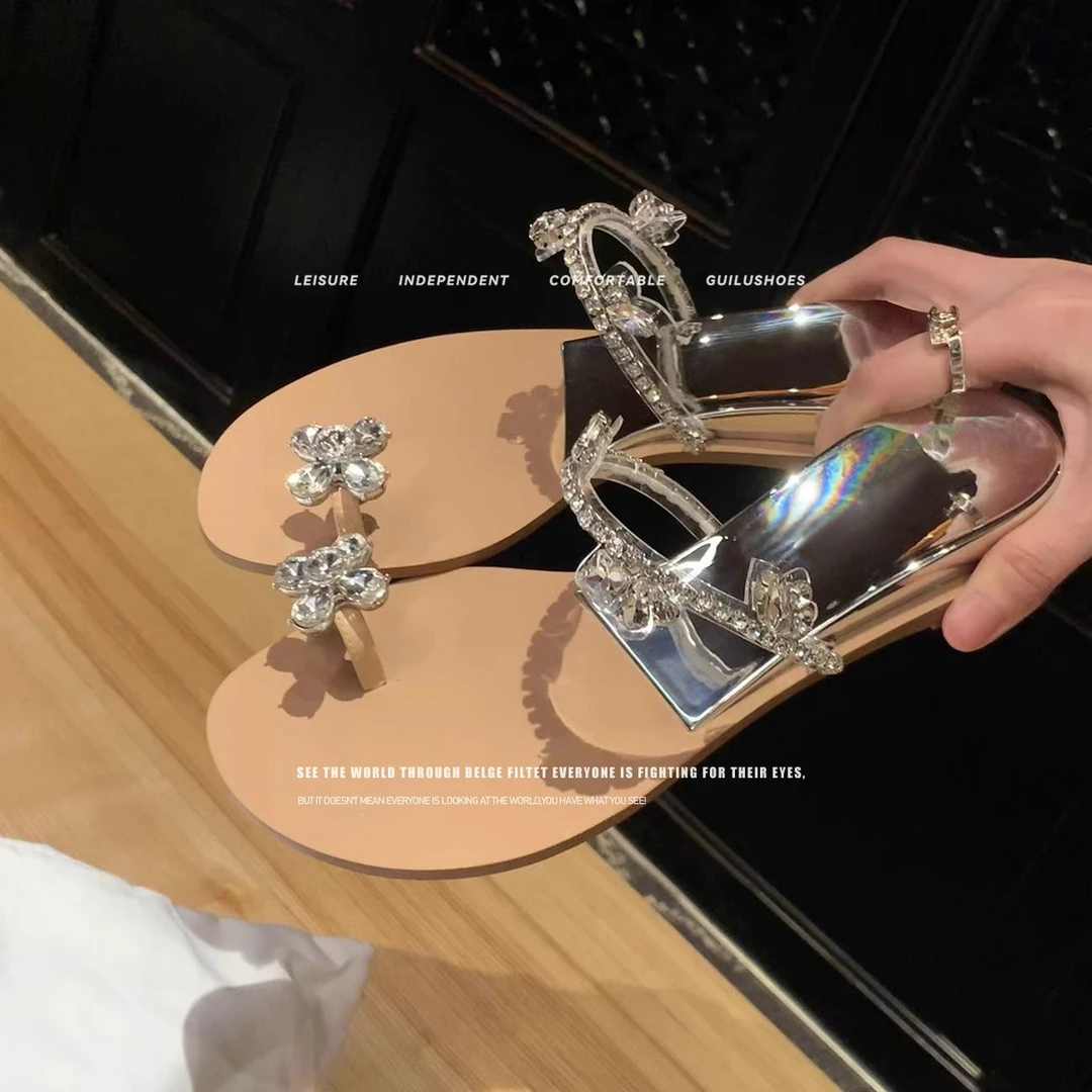 羊皮版~法式水钻套趾平底拖鞋女2025夏季新款仙女风夹趾凉拖外穿