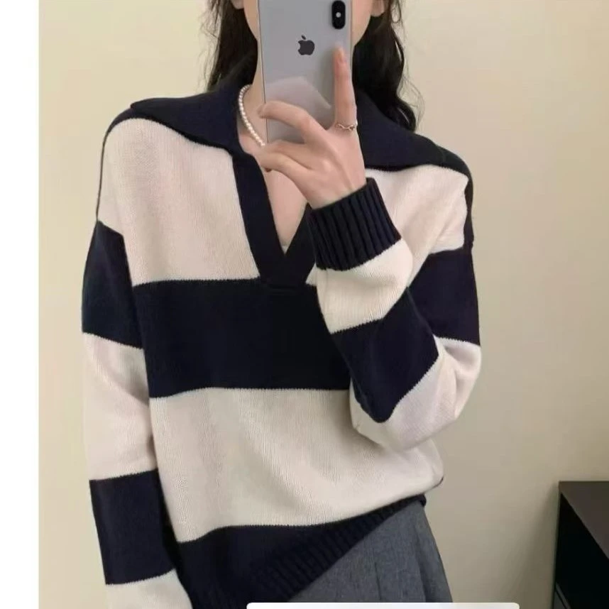 拼接包袖条纹针织御姐风毛针织衫慵懒风时尚圆领打底