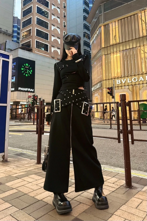 Blackgirl新款【辣妹超爱】小众时髦暗黑金属辣妹工装风打底套装