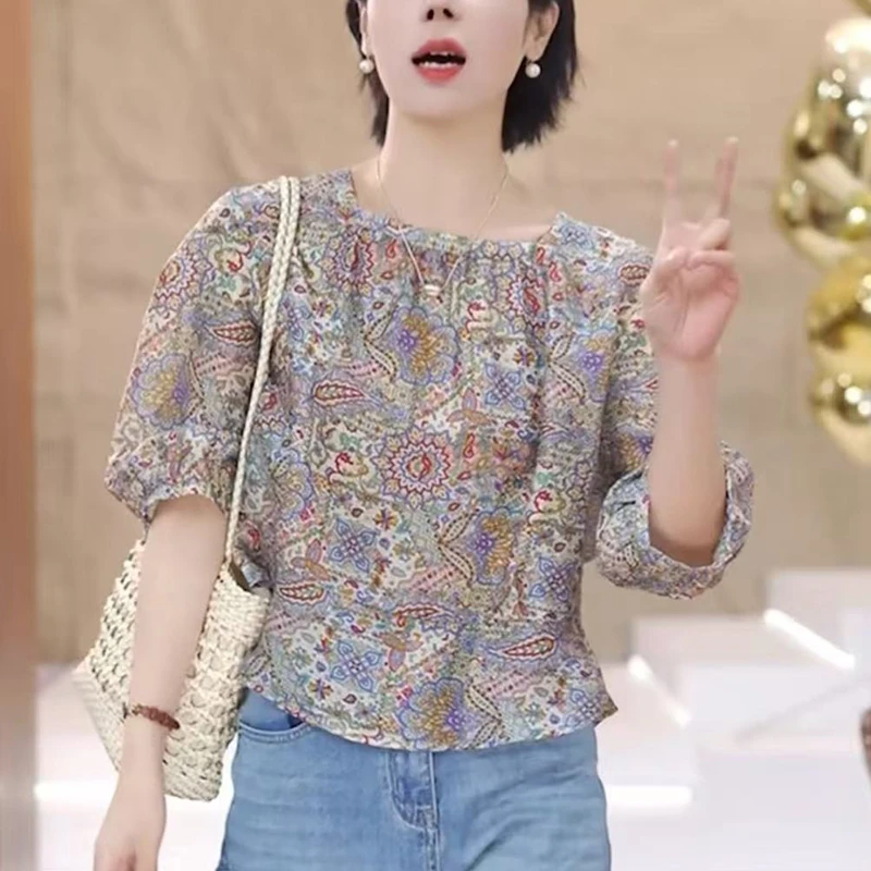 亚麻碎花衬衫女夏季2025新款洋气减龄宽松显瘦独特别致短袖上衣