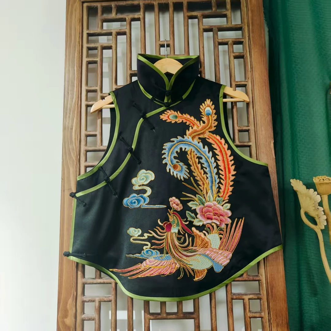 （LS629-8）凤徕兮私人定制黑色光板底彩凤刺绣花盆领盘扣马甲