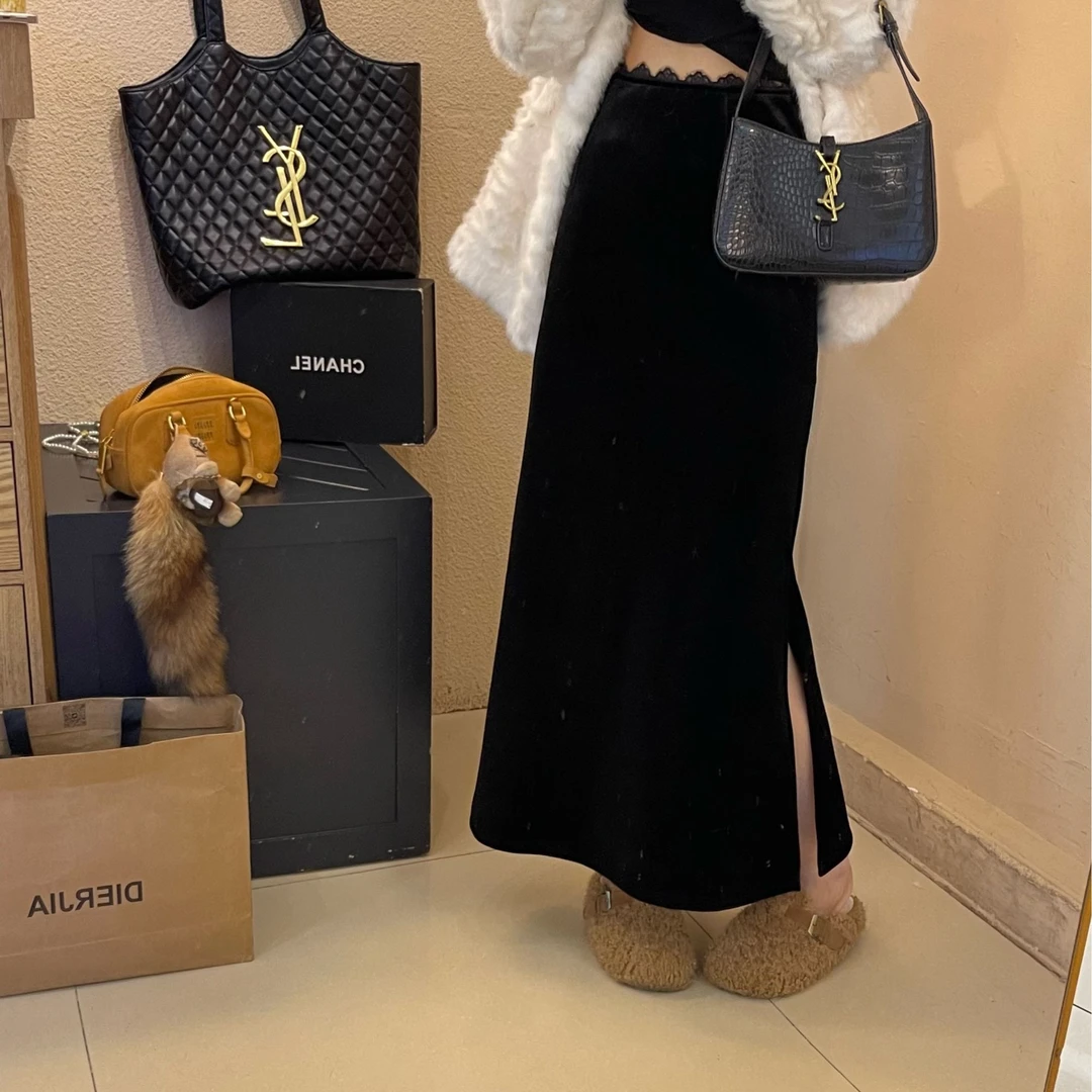 韩版chic冬季新款丝绒拼接蕾丝半身裙高级感小众洋气百搭气质休闲