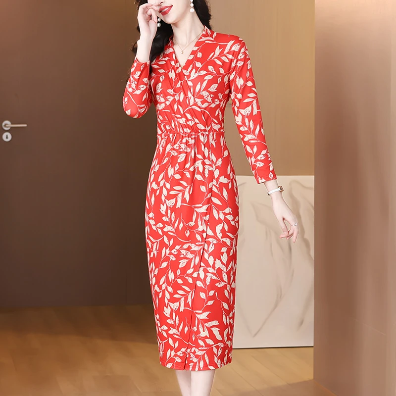 七分袖法式围巾领其它V领连衣裙显瘦长裙长袖复古气质时尚洋气