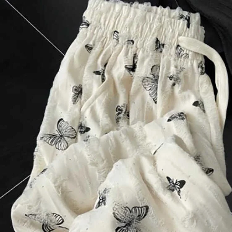 松紧腰带钻蝴蝶印花休闲裤女大码微胖mm高腰垂感宽松显瘦阔腿长裤