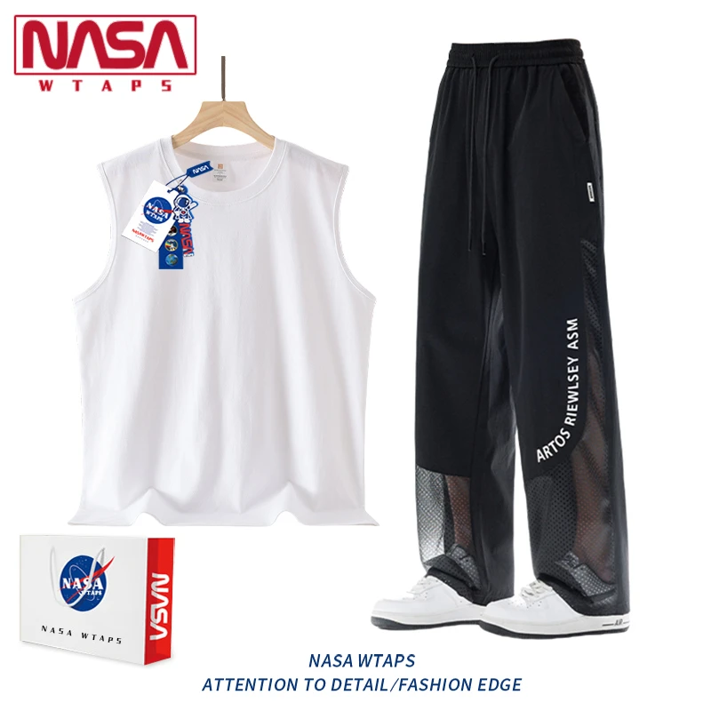 NASA WTAPS夏季冰丝无袖坎肩背心套装男款宽松休闲痞帅男装一整套