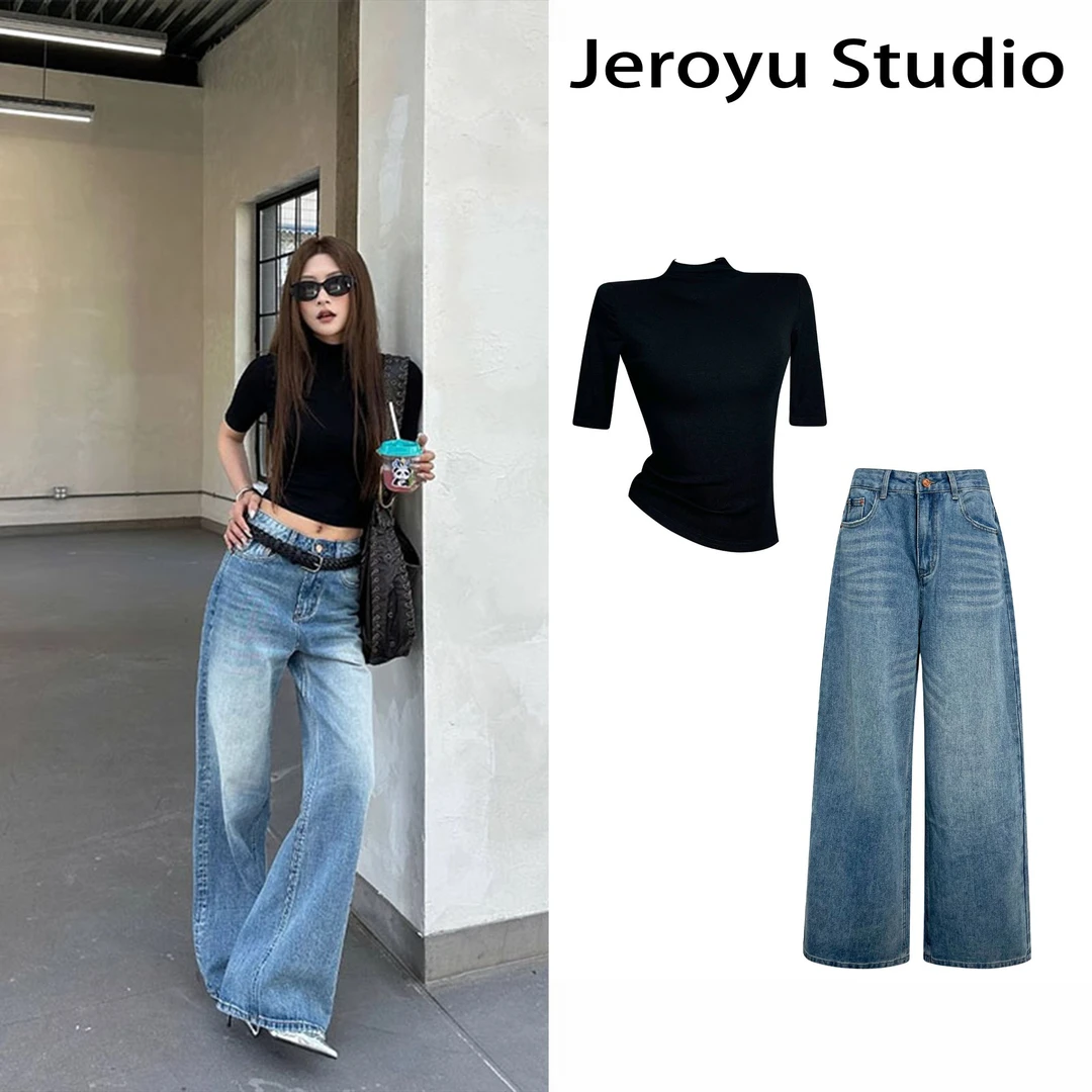 夏季小众气质休闲百搭半高领中袖T恤上衣高腰显瘦宽松水洗牛仔裤