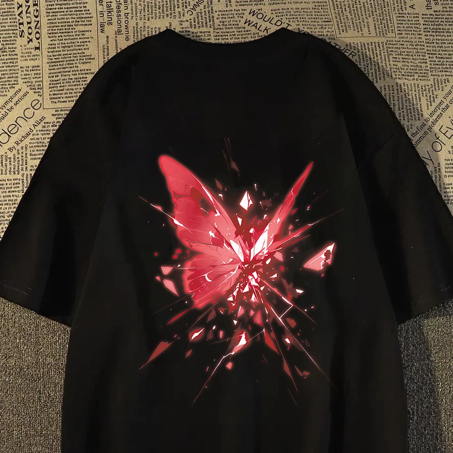 100%重磅纯棉短袖T恤男女同款创意潮流蝴蝶夏休闲宽松男士半袖ZN6