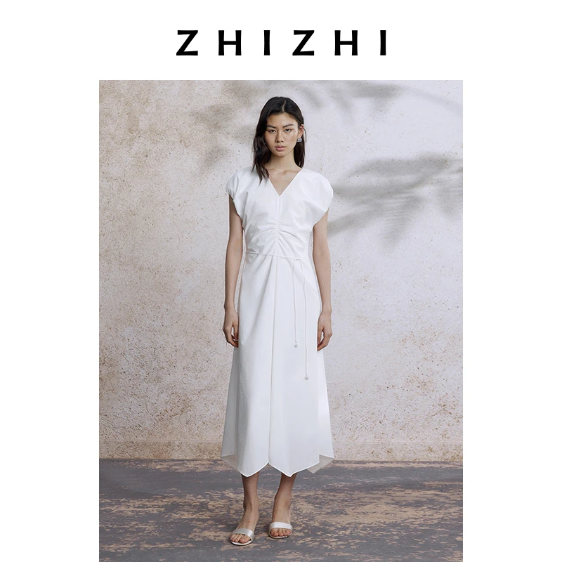 【橱窗】致知 解语花 V领泡泡袖连衣裙2025夏款显瘦ZZ2EMWLQ012