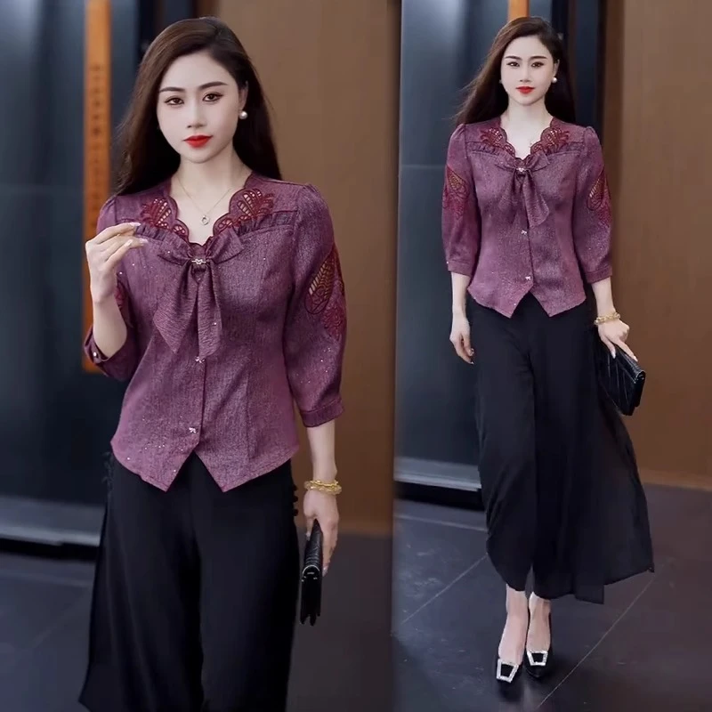 时尚套装女2025春夏新款洋气复古七分袖衬衫雪纺阔腿裤气质两件套