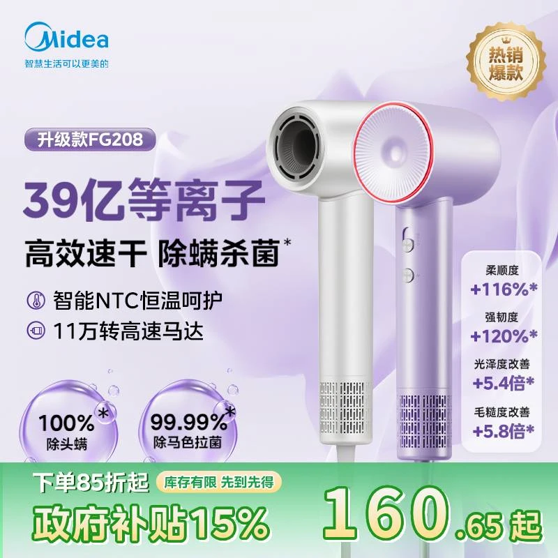 美的高速强力不伤发吹风机等离子负离子冷热风家用电吹风筒FG208