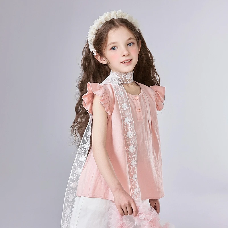 DEESHA/笛莎女童25年夏季新款中童女孩甜美小飞袖衬衫-B32521301