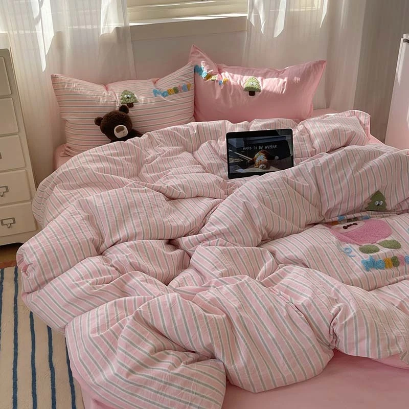 奶油ins可爱毛巾绣纯棉水洗棉四件套韩系全棉被套学生三件套床单