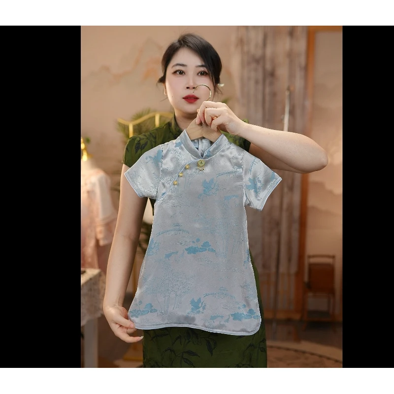 F蓝竹旗袍#夏季汉元素儿童背心女童夏款古风旗袍空调服中式旗袍裙