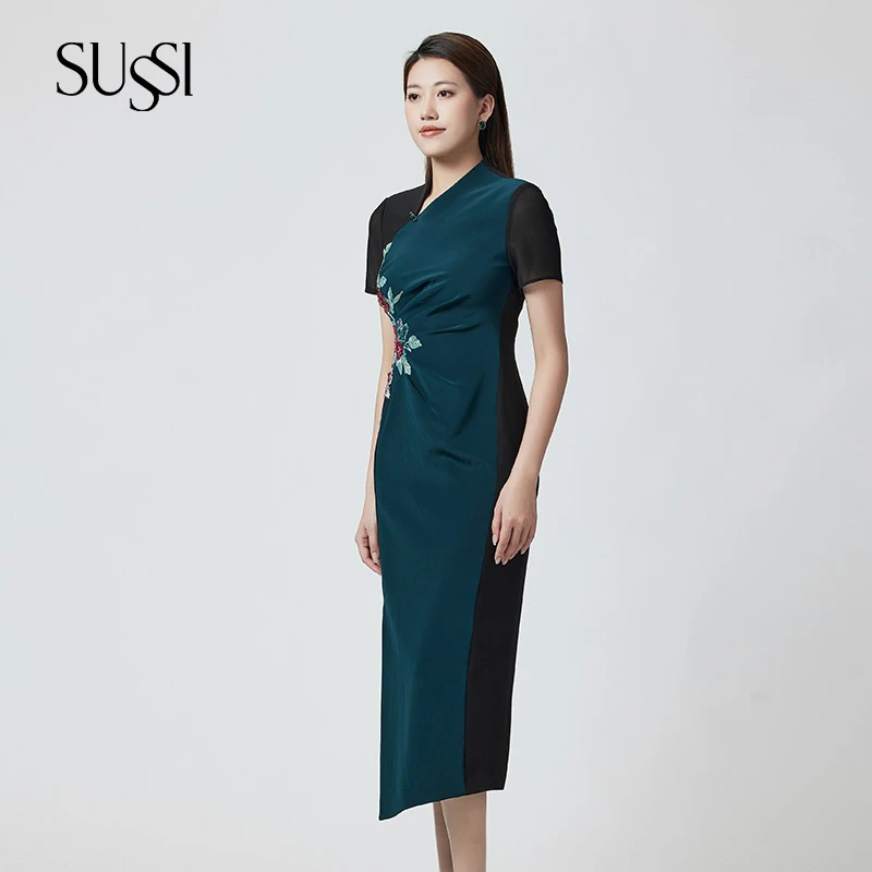 SUSSI/古色25夏商场同款绿色醋酸中国风撞色刺绣短袖旗袍连衣裙
