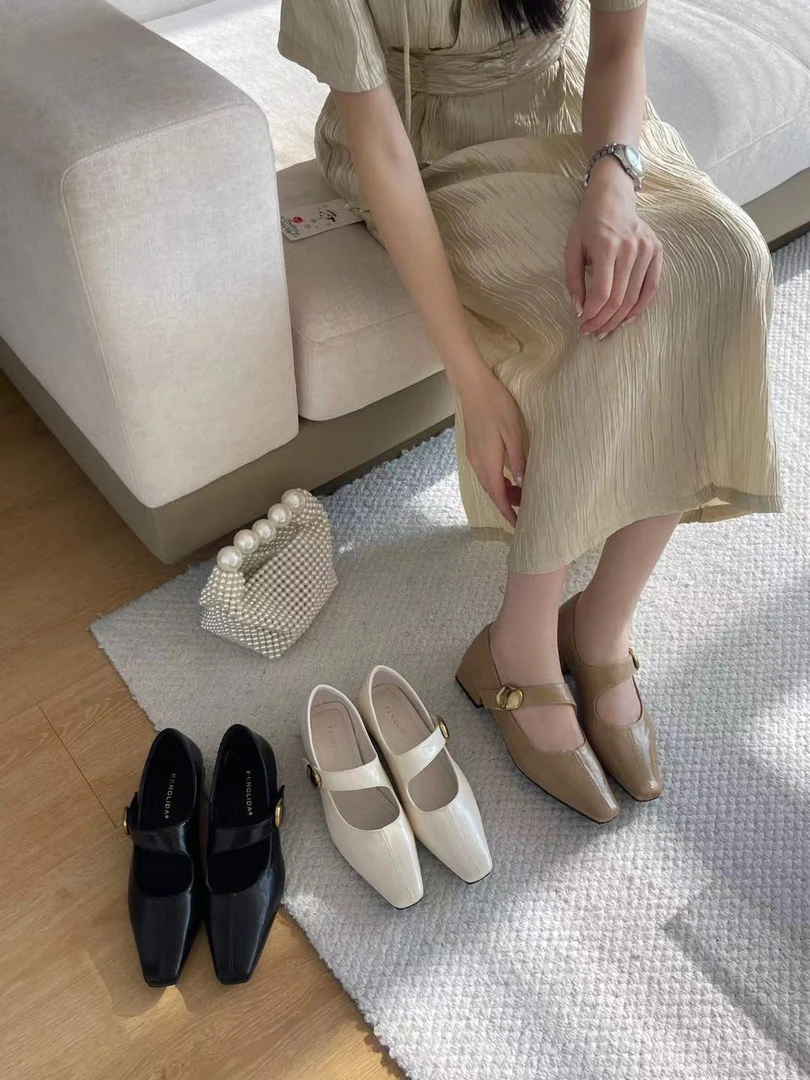 399-20 法式晚风粗跟方头玛丽珍鞋女春秋金属魔术贴浅口奶奶鞋