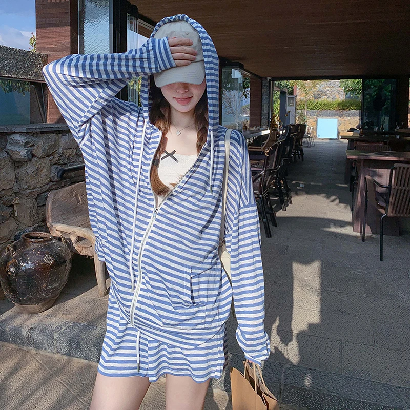 蓝色条纹连帽开衫休闲运动套装女春夏宽松大码时尚减龄短裤两件套