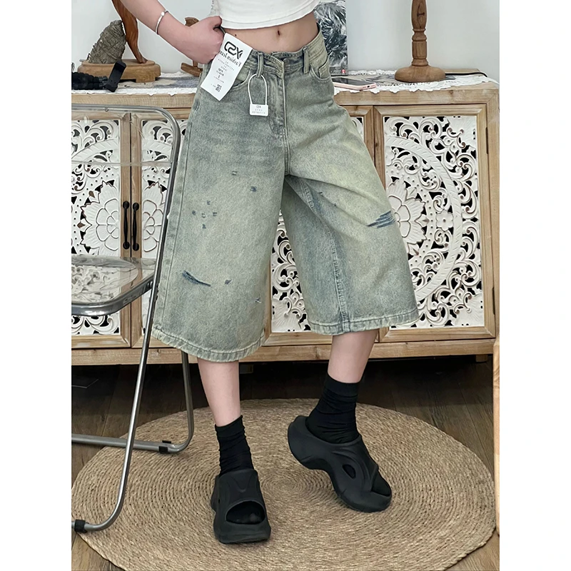 大码胖mm美式复古破洞七分牛仔短裤女夏季新款休闲宽松阔腿中裤子