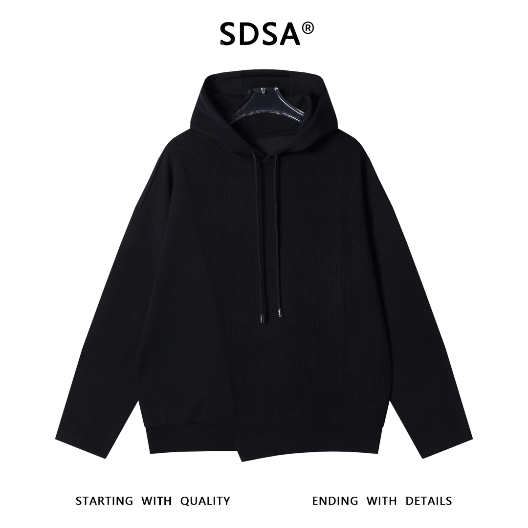 SDSA男士秋冬新款痞帅男装纯色拼接不规则抽绳连帽卫衣显瘦百搭