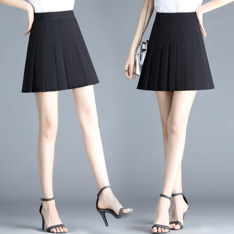 黑白色气质通勤显瘦短裙百褶拼接学生青春纯色高腰半裙OL职业