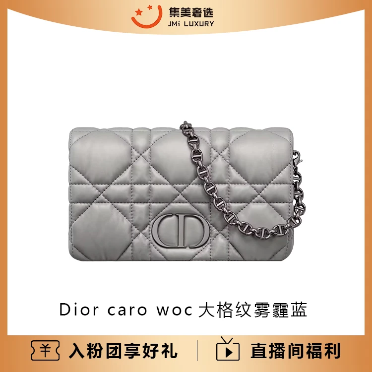 99新 DIOR/迪奥 Dior新款caro woc大格纹钨钢雾霾蓝时尚包/AM0283