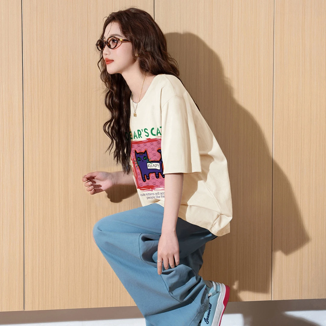 DC825 唐狮2025夏季短袖T恤女纯棉百搭半袖上衣趣味印花圆领T恤小