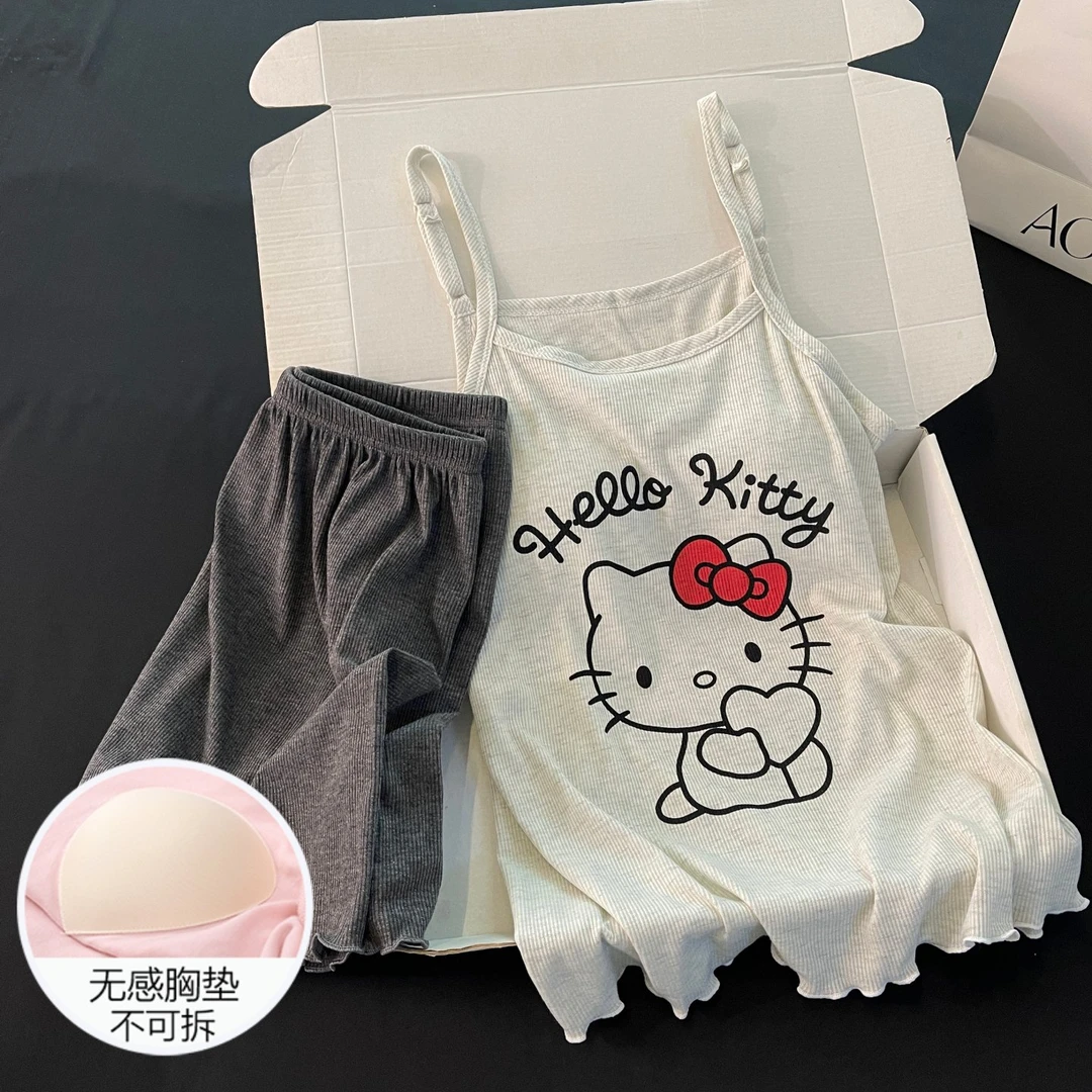 睡衣女夏季吊带凉感带胸垫2025新款大码kt猫休闲套装家居服