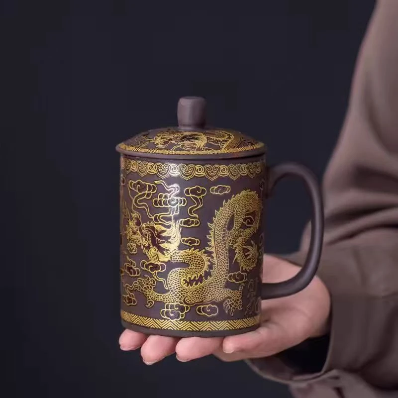 【拎茶就走茶具】热变色紫砂杯黑泥祥龙百福紫砂带盖描金茶杯高档