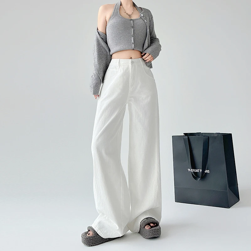美式辣妹高质感白色高腰阔腿牛仔裤女宽松新款高端直筒拖地长裤