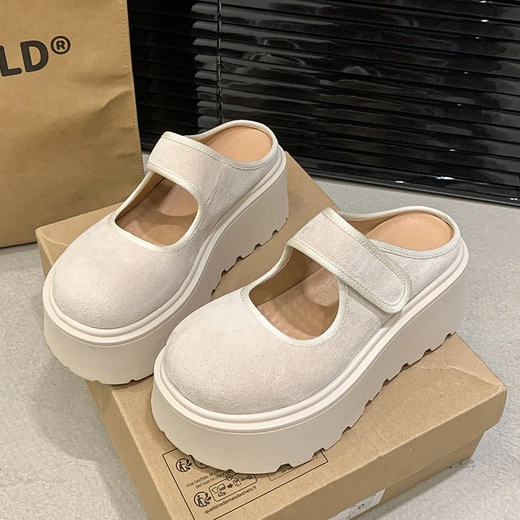 中跟橡胶平底布面拖鞋奶咖夏季半拖厚底高跟休闲真皮女款增高百搭